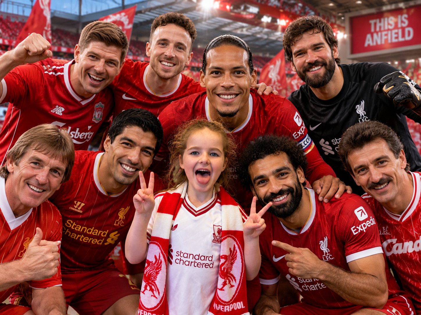 Nancy smiling with Liverpool legends in a packed Anfield stadium